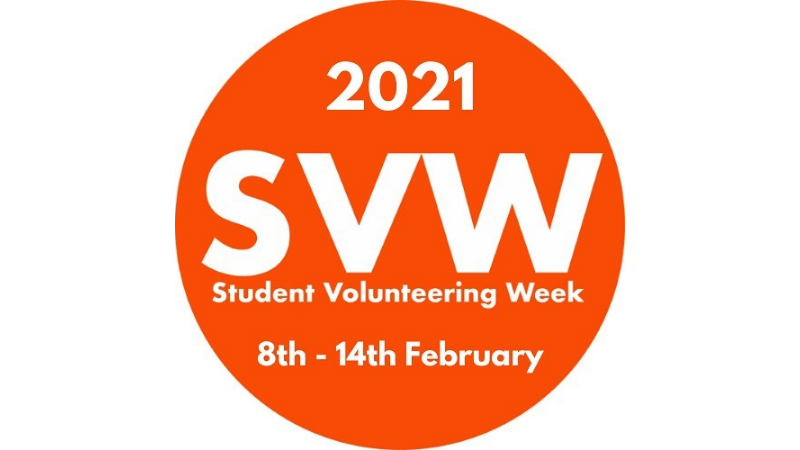 Student Volunteering Week logo - an orange circle on a white background containing white text reading 2021 SVW Student Volunteering Week 8 - 14 February